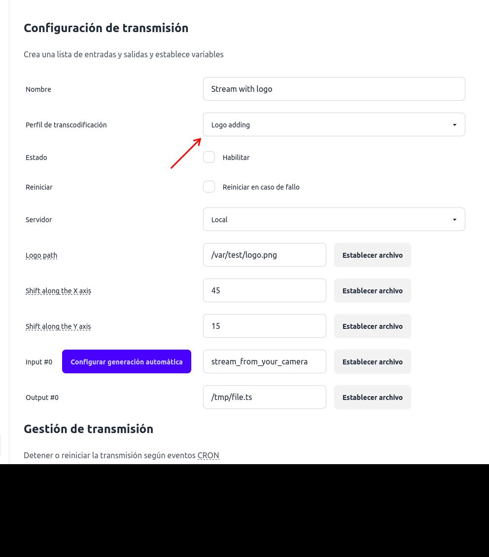 Especificar y configurar la adición del logotipo a la transmisión