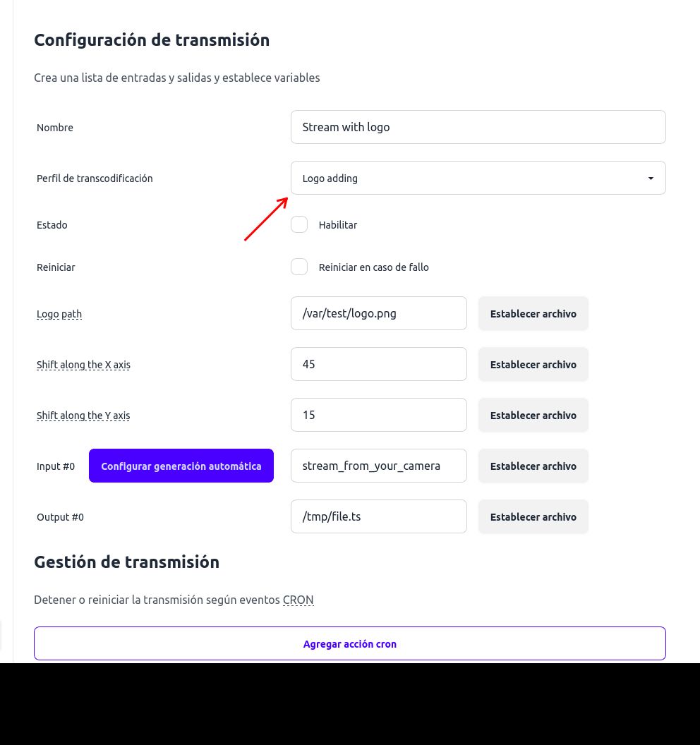 Especificar y configurar la adición del logotipo a la transmisión