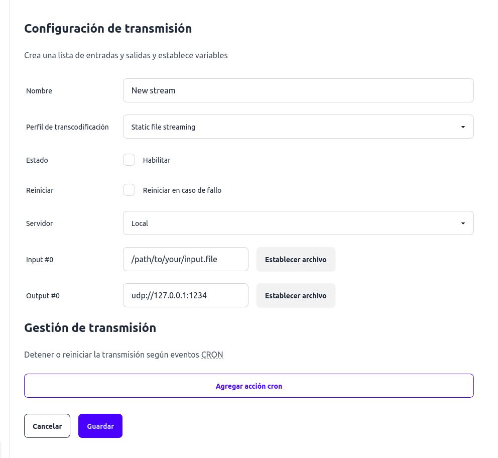 Ingresa las propiedades de la transmisión